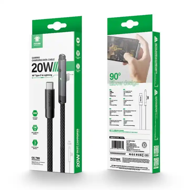 Plextone T100 Type C to Lightning PD 20W 66W Elbow 90 Degree Gaming Charging Data Cable